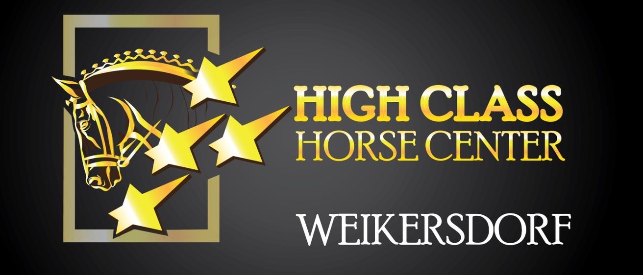 Ein goldener Sternen-Design und 'HIGH CLASS HORSE CENTER' Text erscheinen auf einem grauen Hintergrund, mit 'WEIKERSD' darunter.