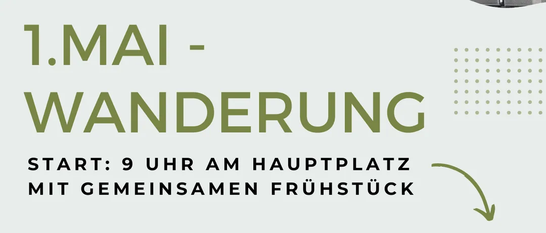 Plakat für eine Wanderveranstaltung am 1. Mai. Das Plakat zeigt zwei Wanderer, die mit Rucksäcken und Trekkingstöcken auf einem Pfad gehen.