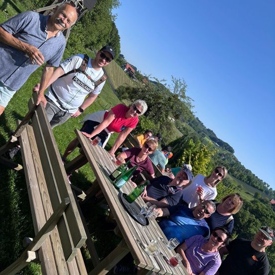 Eine Gruppe von Menschen in einer Outdoor-Umgebung, die um einen Picknicktisch herumsitzen, einige mit Gläsern und Flaschen, während zwei Männer hinter ihnen stehen. Der Hintergrund zeigt eine malerische Aussicht auf einen Hügel mit viel Grün und einem klaren blauen Himmel.