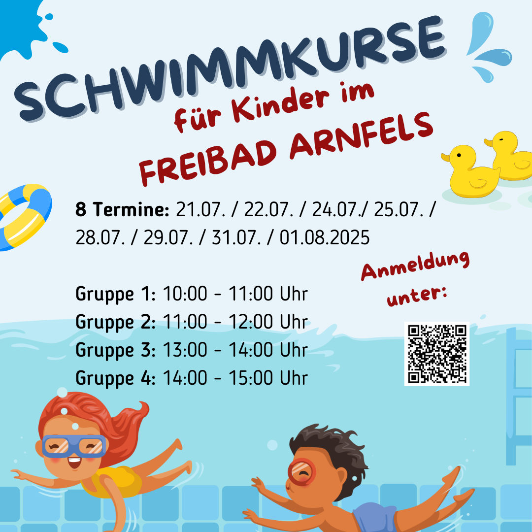 Plakat für Schwimmkurse für Kinder im Freibad Arnfels mit acht Terminen, Gruppenzeiten und einem QR-Code.