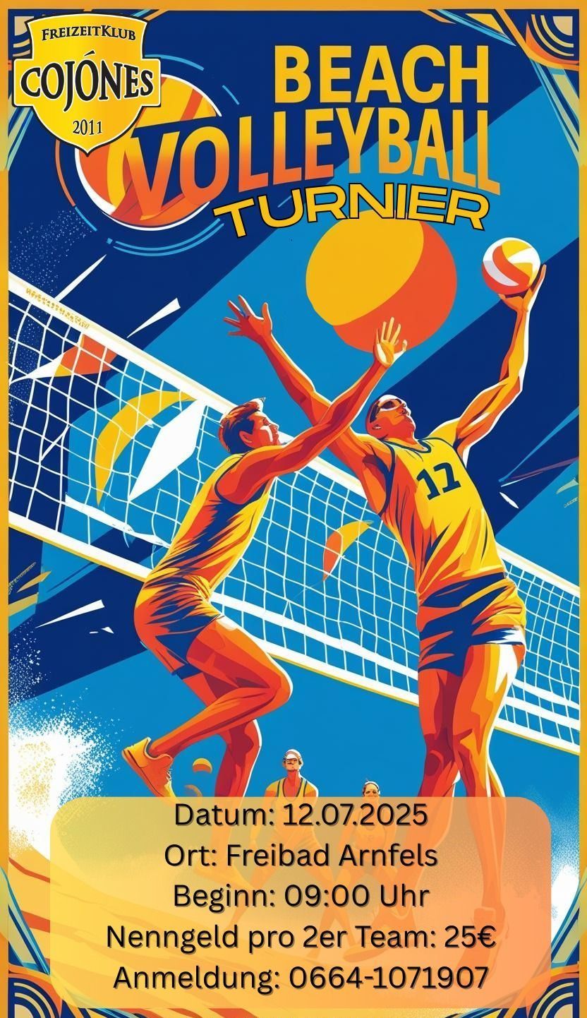 Eine Illustration von zwei Männern, die Beachvolleyball spielen. Ein Mann springt, um den Ball zu schlagen, während der andere blockt. Der Hintergrund zeigt einen bunten Sonnenuntergang und ein Netz.