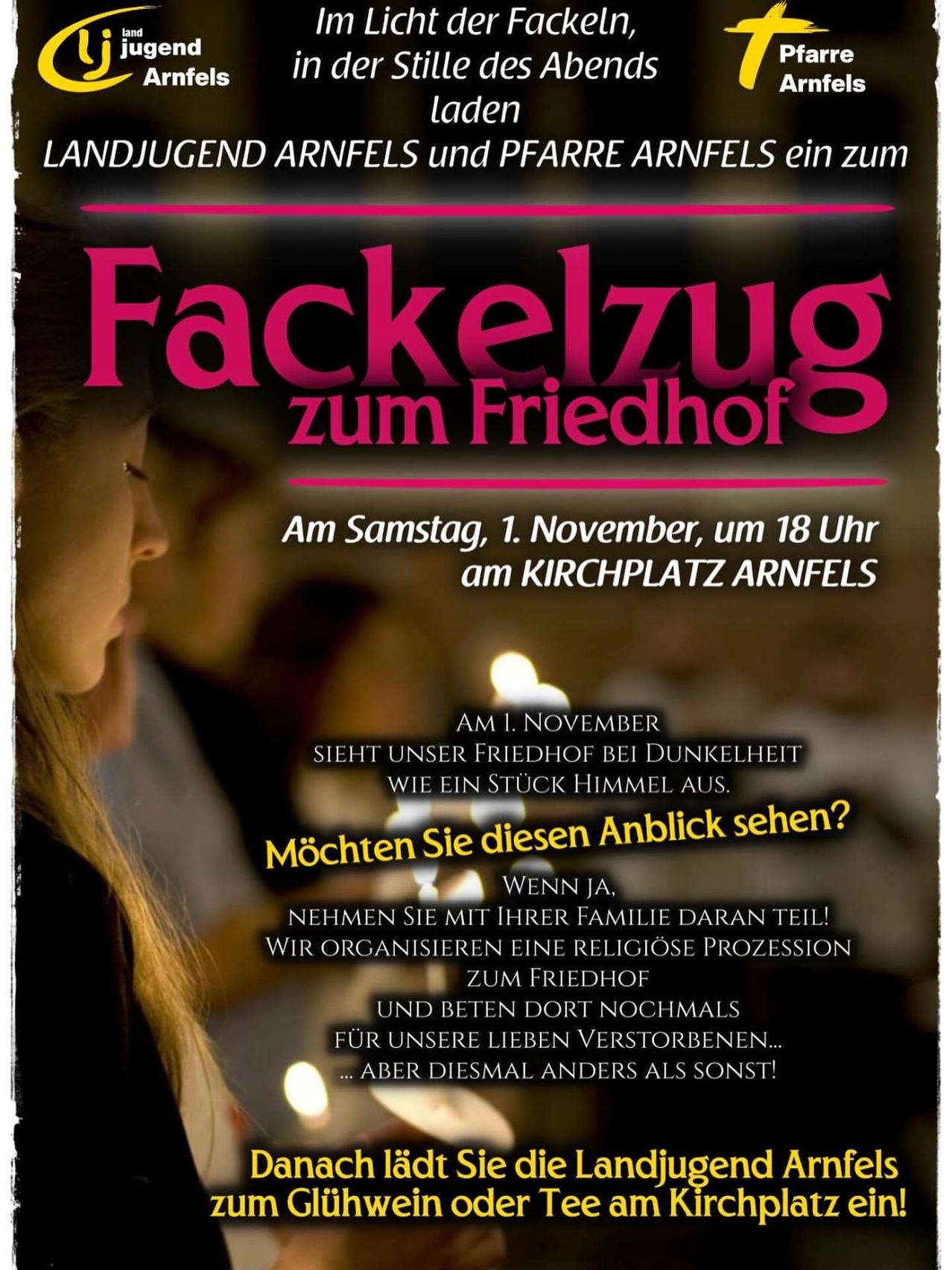 Plakat für eine Fackelprozession zum Friedhof am 1. November um 18 Uhr. Zeigt eine Frau mit einer Kerze und Text auf Deutsch.