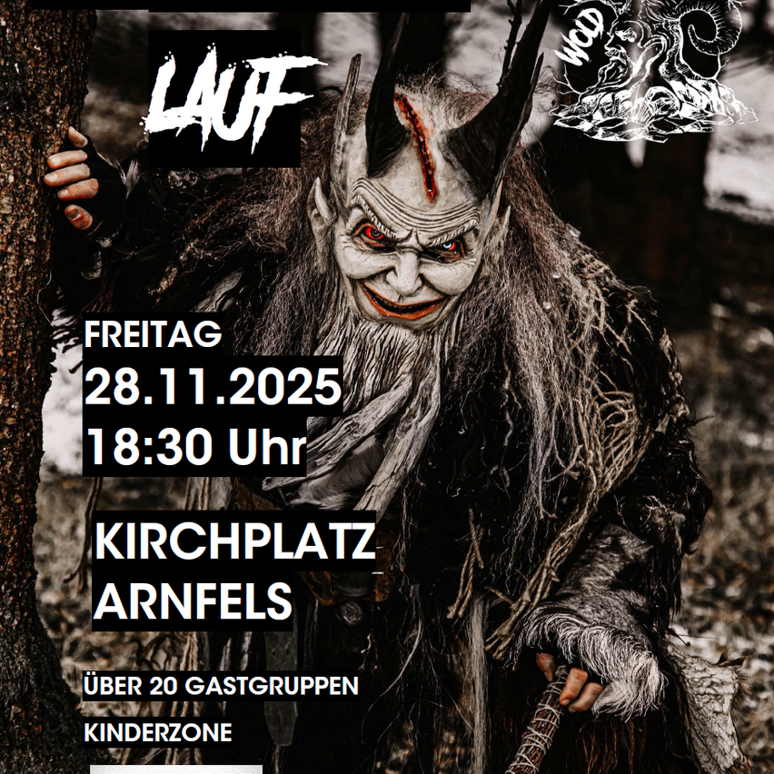 Plakat mit einem gruseligen Dämon, Veranstaltungsdetails: Freitag 28.11.2025, 18:30, Kirchplatz Arnfels. Über 20 Gruppen, Kinderzone.