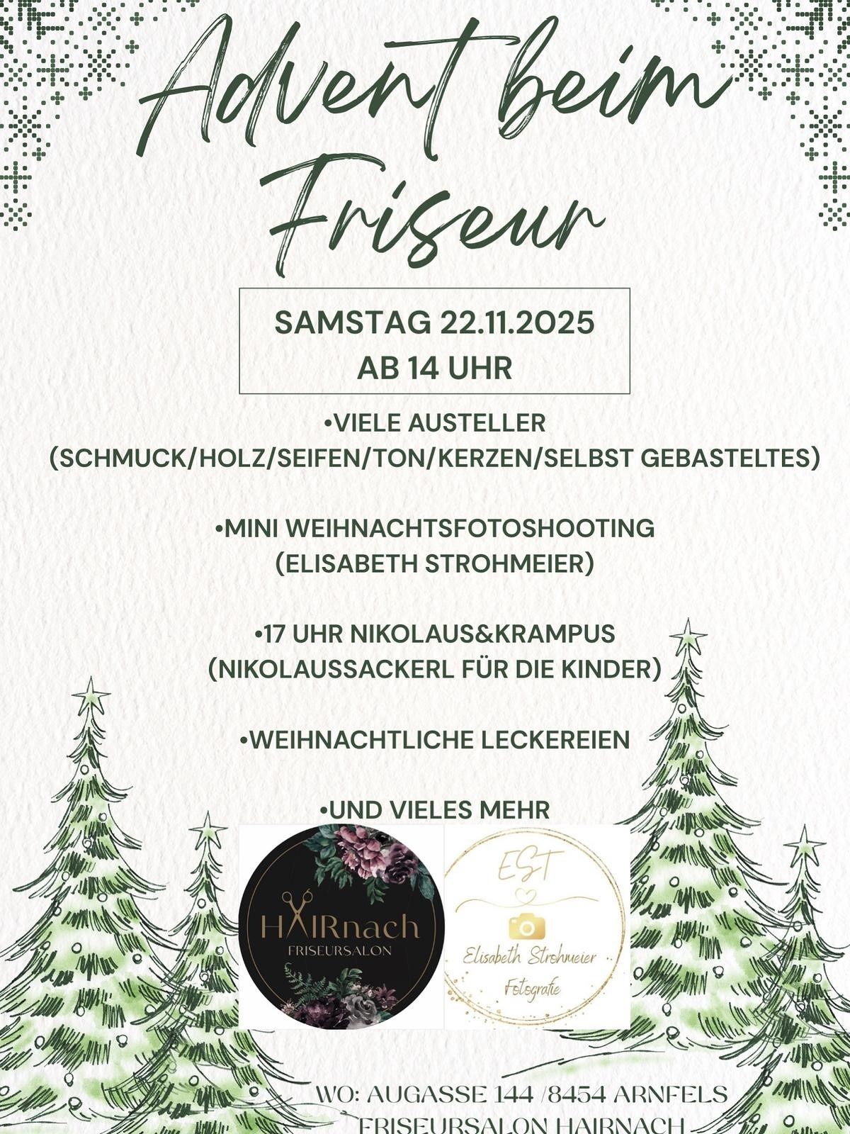 Ein Plakat für eine Winterveranstaltung mit verschiedenen Weihnachtsdekorationen, einschließlich Bäumen und Ornamenten. Die Veranstaltung umfasst viele Aussteller, eine Mini-Weihnachtsfotosession und Weihnachtsleckereien. Sie findet am Samstag, 22. November 2025, ab 14 Uhr statt.