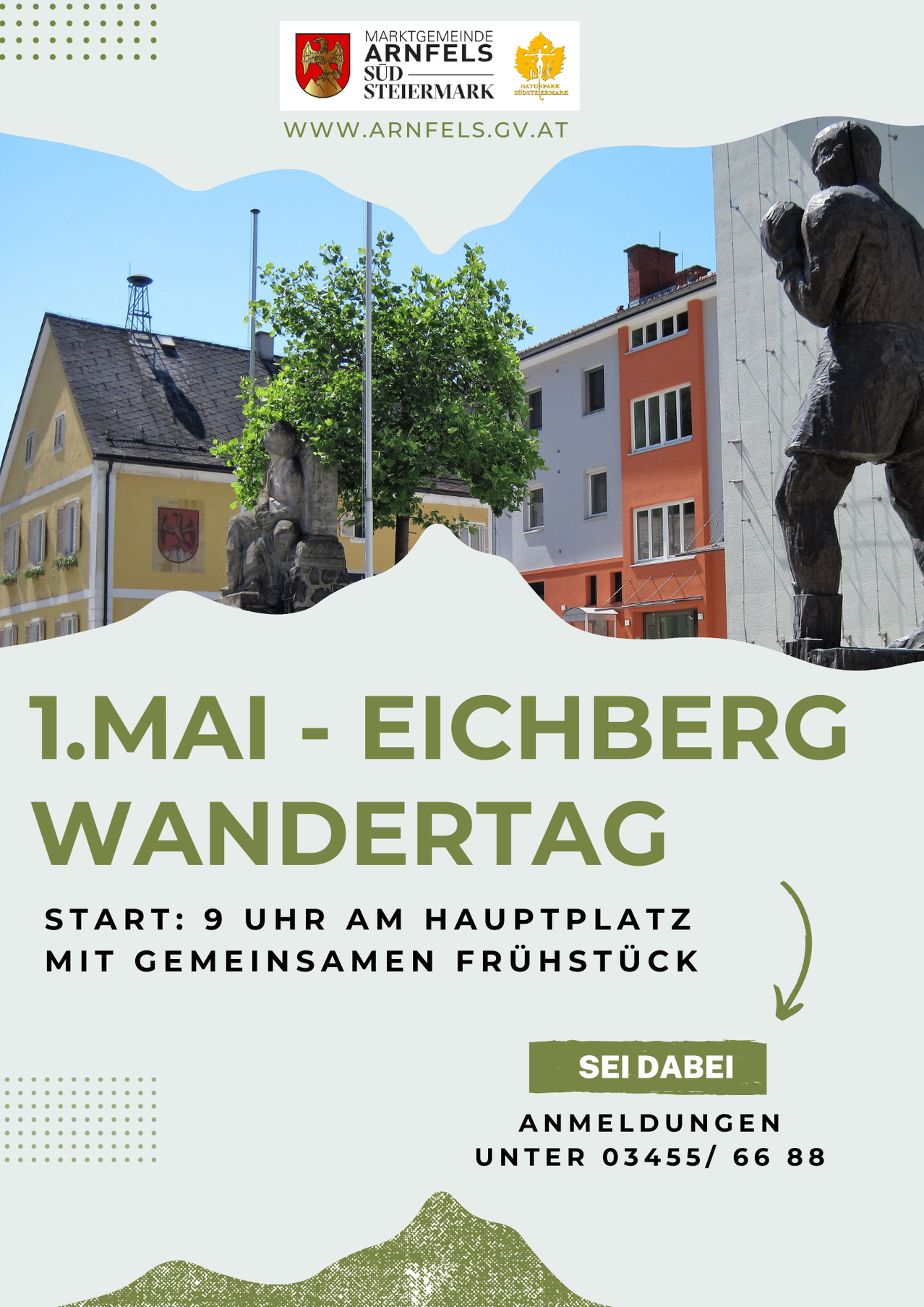 Poster for Eichberg Wandertag on May 1st, starting at 9 AM with a communal breakfast. A statue and houses are visible in the background.