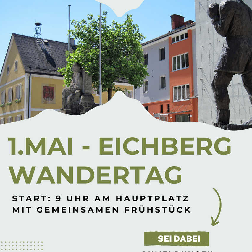 Poster for the Eichberg hiking event on May 1st, starting at 9 AM at the main square with a communal breakfast. Features a yellow building and a statue.