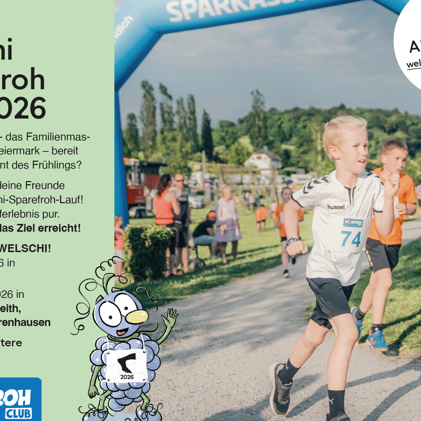 Young boy running in a family marathon in the park. The event features a Sparerfroh-Lauf with friends and aims to reach the goal.