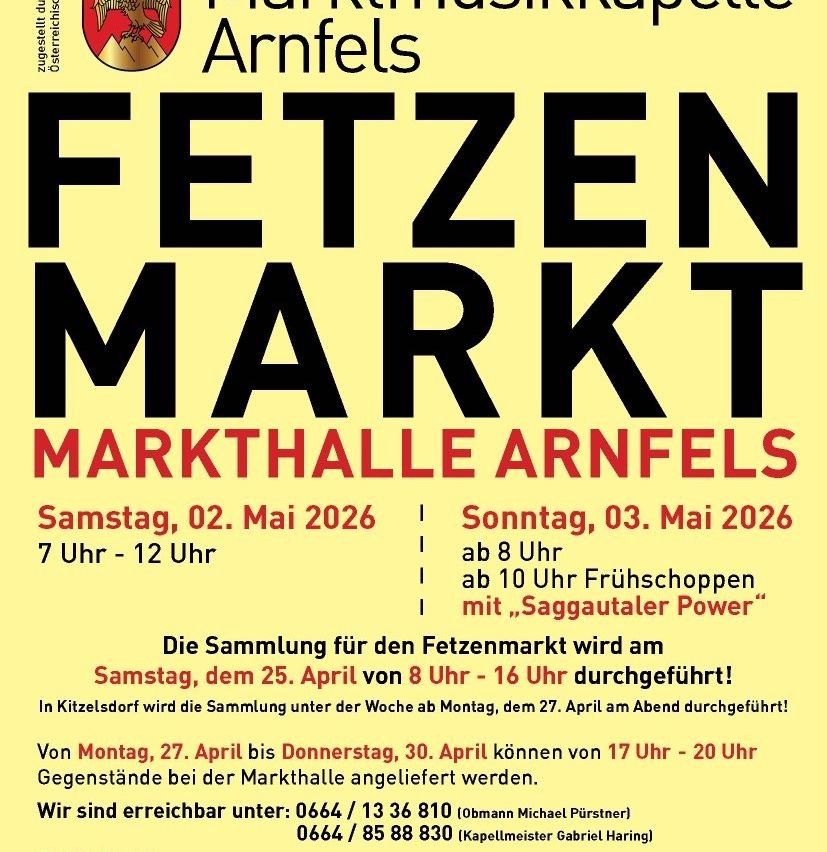 The Arnfels Fat Market will take place on Saturday, May 2, and Sunday, May 3, 2026. It runs from 7 AM to 12 PM on Saturday and from 8 AM to 10 PM on Sunday, including a sausage-seller performance.