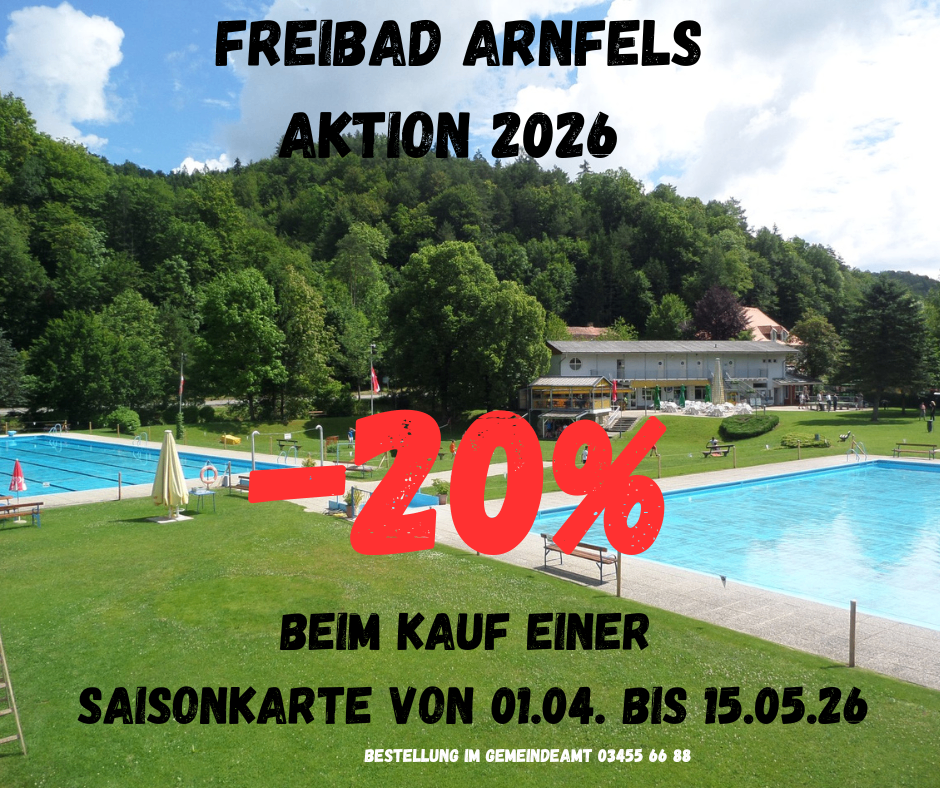 Freibad Arnfels Action 2026. 20% discount on purchase of a season card from 01.04. to 15.05. Order in the town hall.