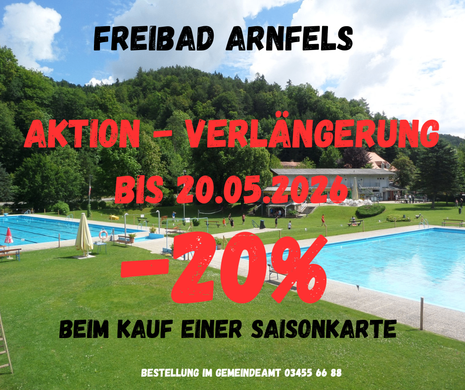 Freibad Arnfels offers a 20% discount on season tickets until May 20, 2026. Pools and a house are visible.