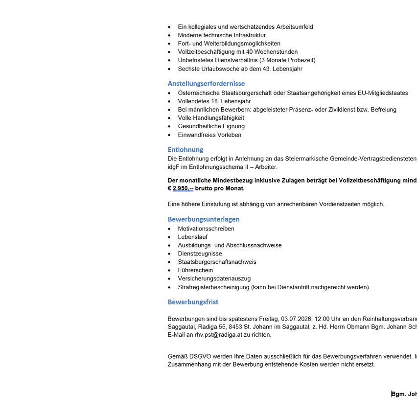The document outlines a job offer with a modern work environment, technical infrastructure, full-time work, 40-hour workweek, and 6 weeks of vacation after 43 years. It requires Austrian citizenship, full employment, or residence permit. The minimum wage is €2,950. Job applications are accepted until July 3, 2026.