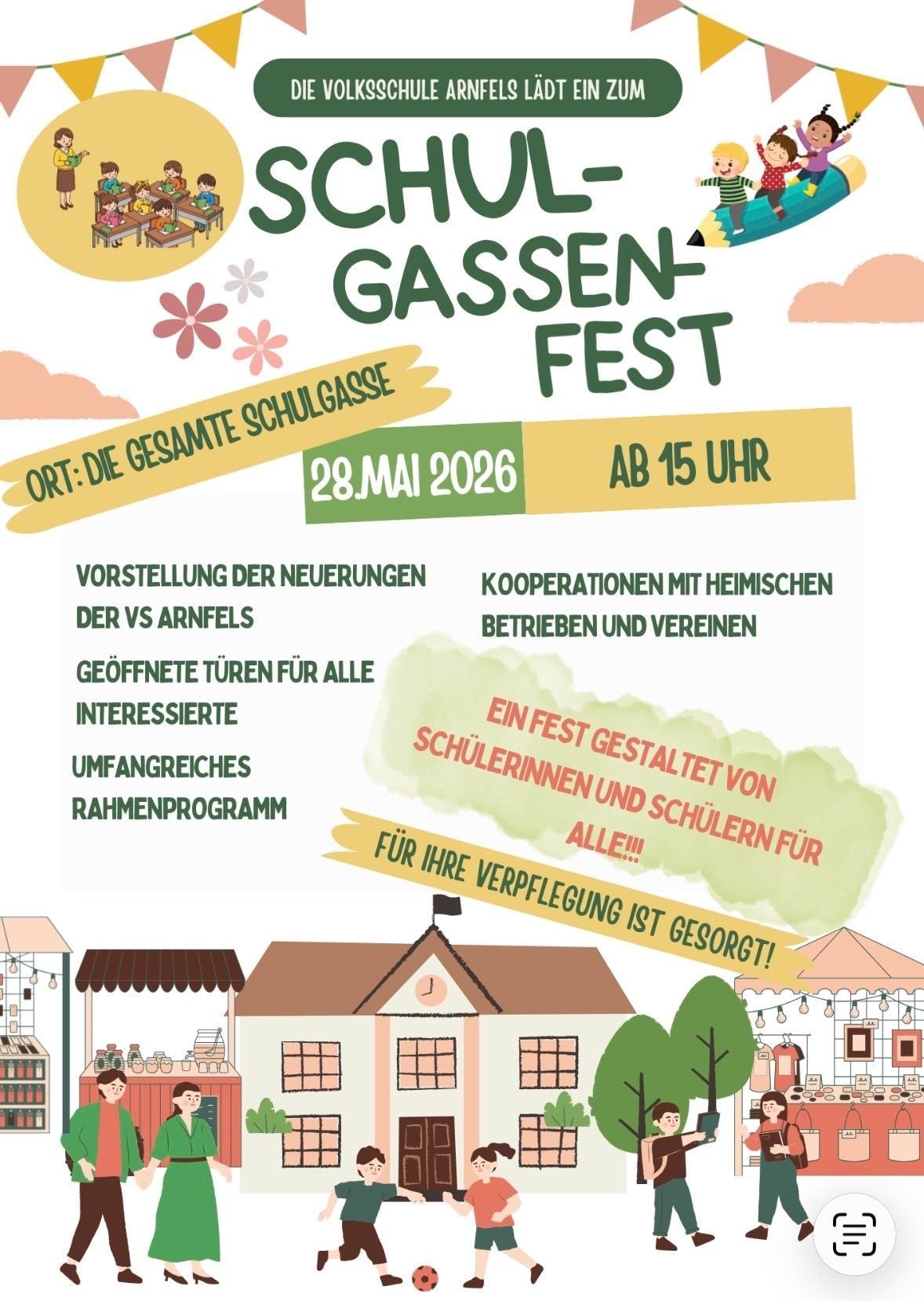 A school street festival with open doors for everyone. It features presentations of new ideas, cooperations with local businesses and associations, and a comprehensive program. It is organized by students.