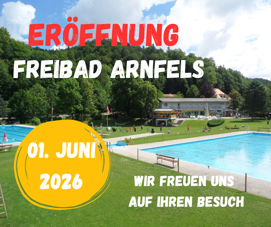 Plakat zur Eröffnung des Freibads Arnfels am 1. Juni 2026. Mit großem Pool, Gebäude, Bäumen und Menschen.