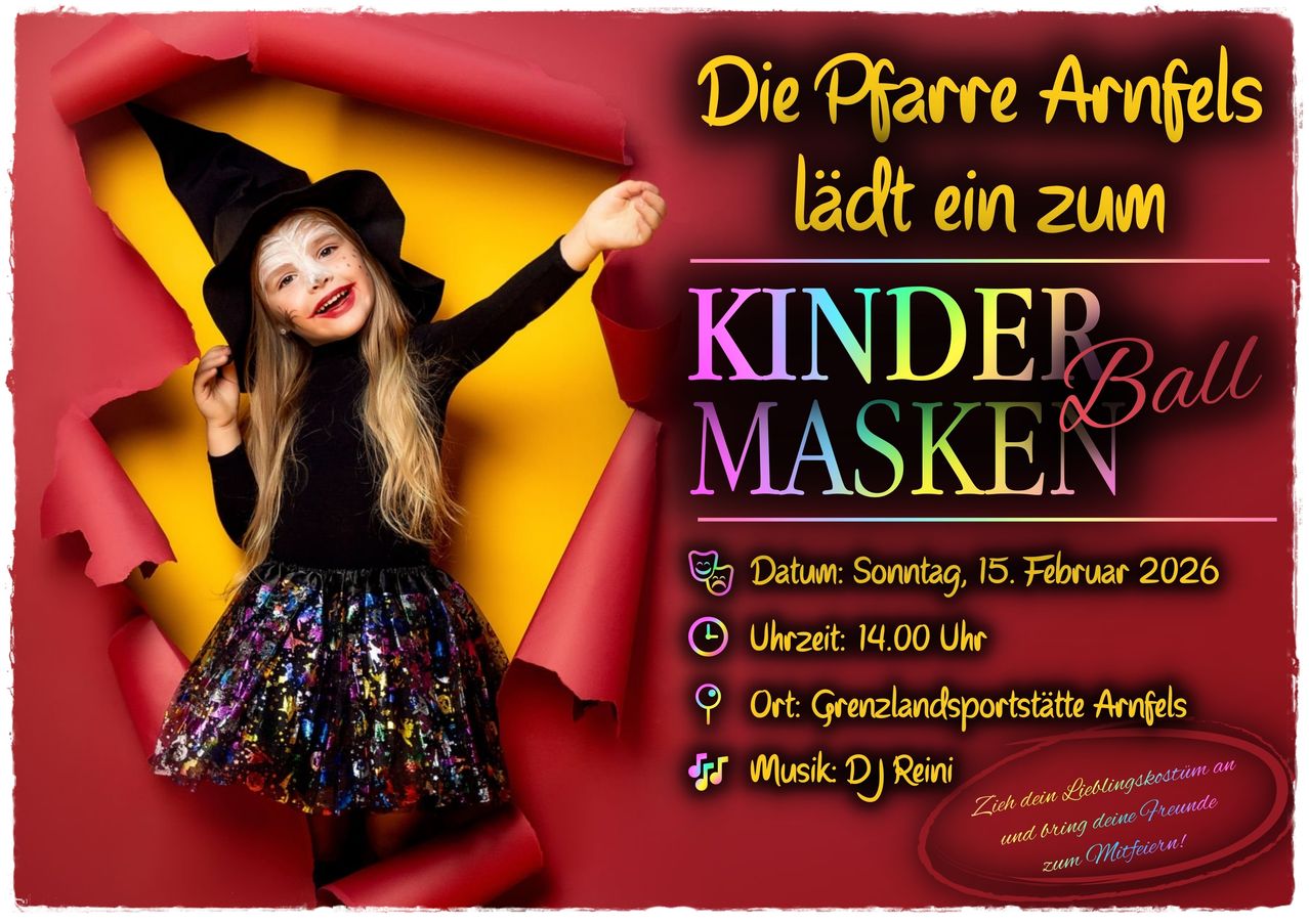 Ein junges Mädchen verkleidet als Hexe bei einer Kindermaskenveranstaltung. Der Plakattext 'Kinder Masken' steht auf Deutsch mit Angaben zu Datum, Uhrzeit und Ort.