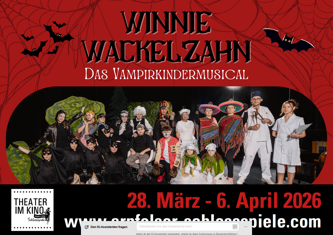 Plakat für Winnie Wackelzahn Das Vampirkindermusical mit einer Gruppe von Menschen in Kostümen auf der Bühne. Die Termine sind vom 28. März bis 6. April.