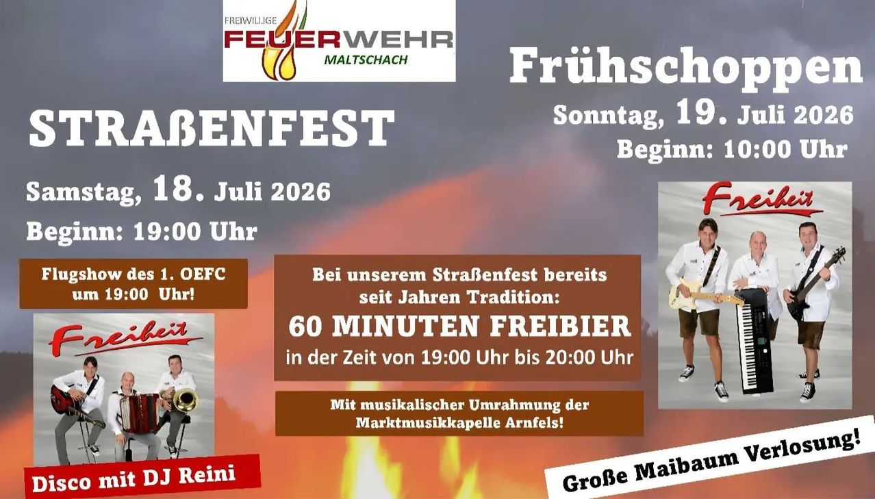 Plakat für das jährliche Straßenfest der Freiwilligen Feuerwehr Maltschach, geplant für Sonntag, 1. Juli 2026, Beginn um 00:00 Uhr. Die Veranstaltung bietet eine 60-minütige kostenlose Zeit von 19:00 bis 20:00 Uhr, begleitet von musikalischer Unterhaltung der Marktmusikkapelle Arnfels. Das Plakat zeigt einen feuerigen Hintergrund und eine Silhouette eines Trompetenspielers.