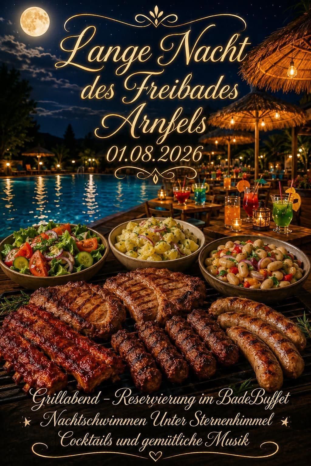 Ein Nachtbuffet mit gegrilltem Fleisch, Salaten und Getränken im Freibades Arnfels am 1. August 2026.
