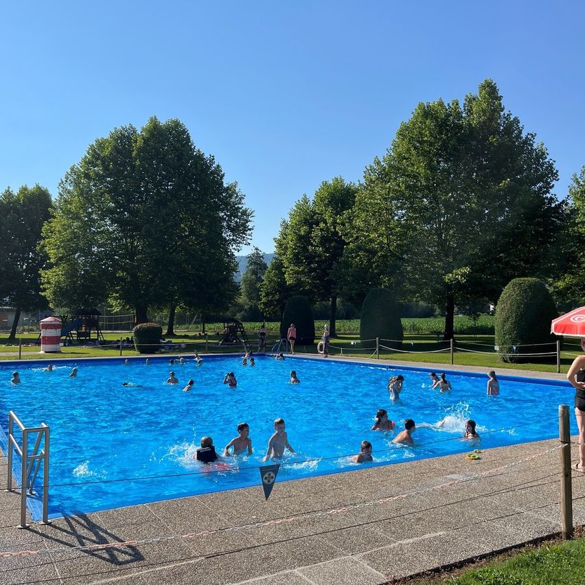 A large outdoor swimming pool with many people swimming and a few standing on the side. Trees and a fence surround the pool.