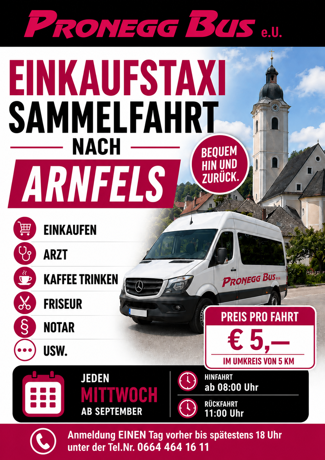 A flyer for a shopping taxi service in Arnfels, Germany. The service includes shopping, doctor visits, coffee breaks, haircuts, notary services, and more. The van is parked in front of a church.