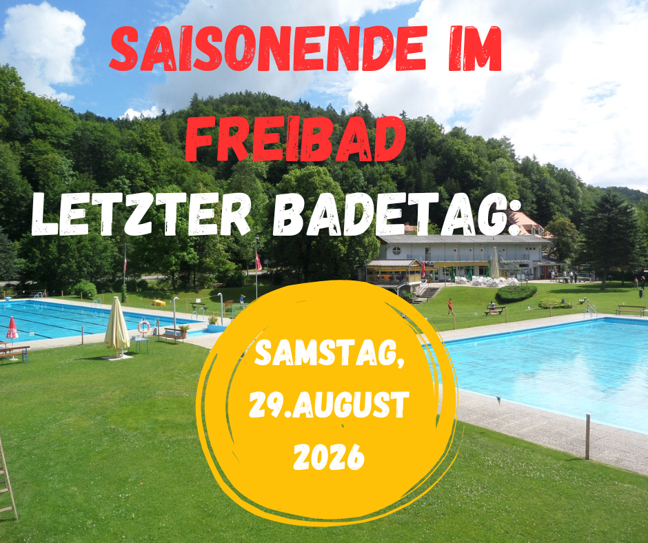 Eine Werbung für den letzten Schwimmtag der Saison im Freibad am 29. August 2026, mit einem Schwimmbecken und einem Gebäude im Hintergrund.