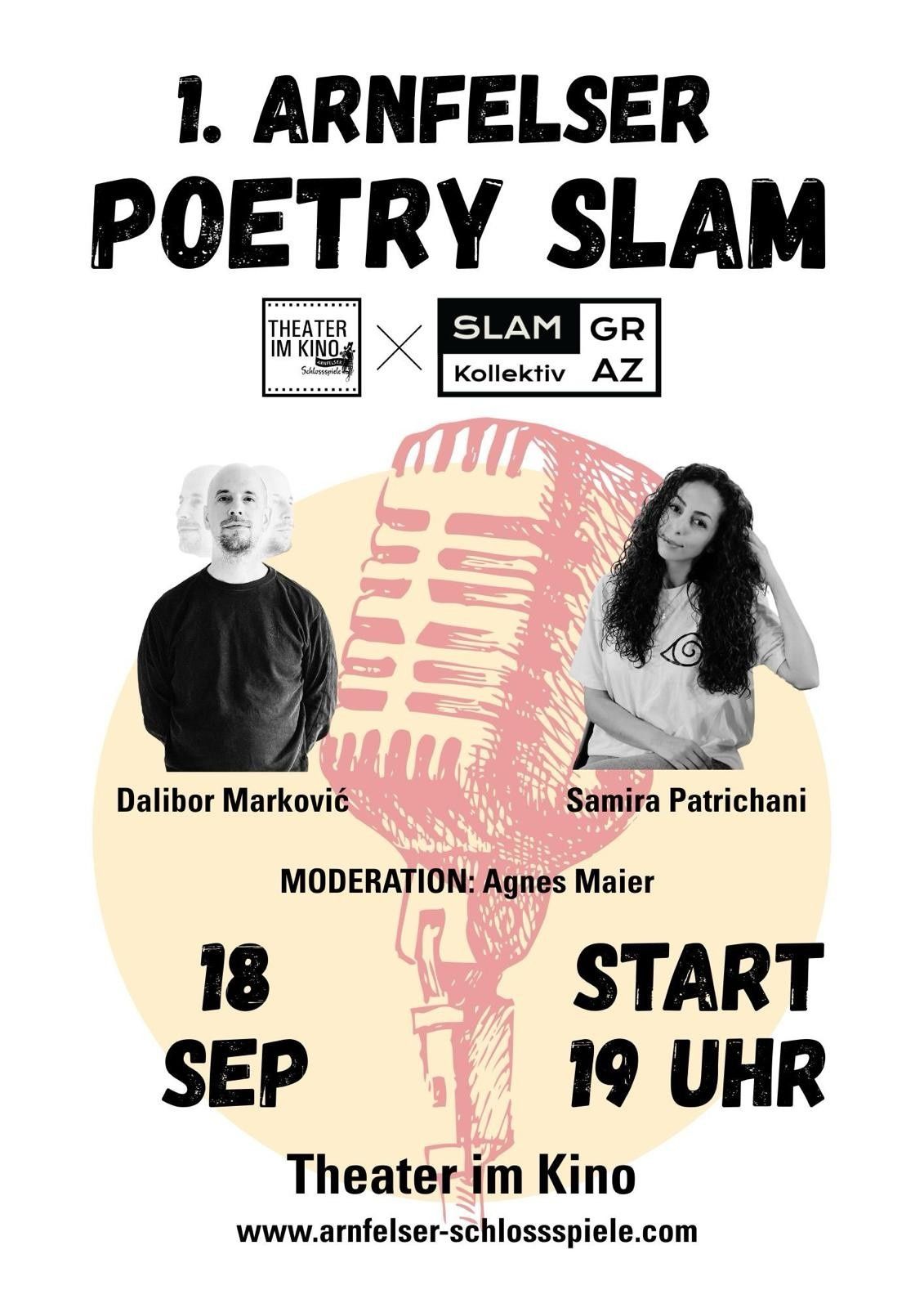 Plakat für ein Poetry-Slam-Event mit Dalibor Markovic und Samira Patrichani, moderiert von Agnes Maier. Das Event ist für den 18. September um 19 Uhr geplant.