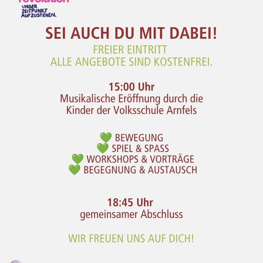 Flyer für eine Veranstaltung mit freiem Eintritt. Aktivitäten umfassen musikalische Eröffnung durch Kinder, Workshops, Vorträge, Spiele, Begegnung und Austausch. Die Veranstaltung endet um 18:45. Jeder ist willkommen.