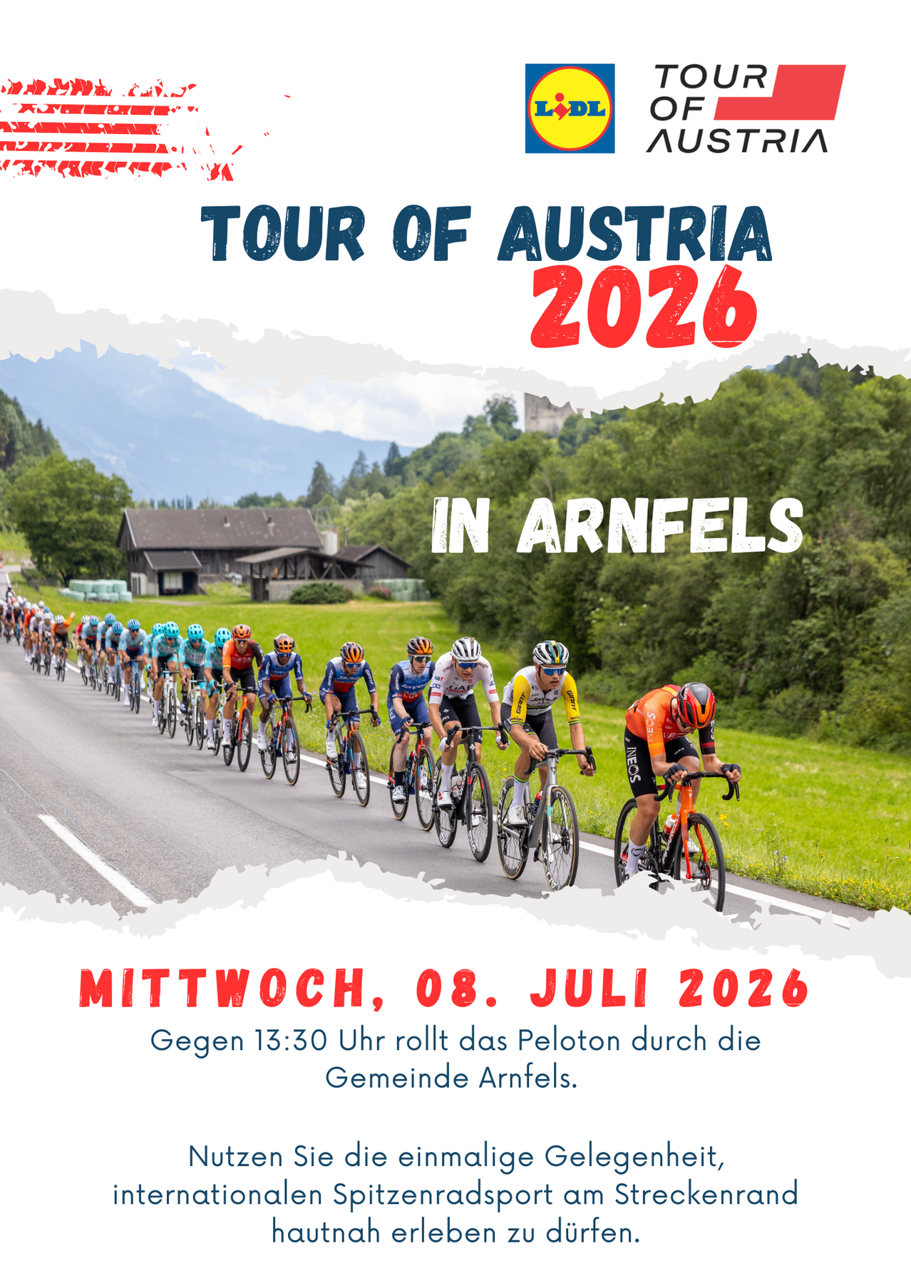 Plakat für die Tour of Austria 2026 in Arnfels. Ein Peloton von Radfahrern fährt auf einer Straße mit malerischen Ausblicken.