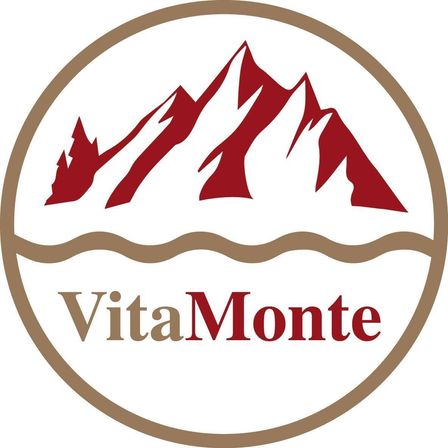 Das VitaMonte-Logo zeigt eine rote Bergkette mit drei Gipfeln über einer wellenförmigen braunen Linie auf weißem Hintergrund.