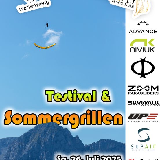 Plakat für ein Paragliding-Festival und Sommergrill-Event, mit einem Paraglider am Himmel, Bergen im Hintergrund und Logos verschiedener Paragliding-Unternehmen. Das Event ist für Samstag, 26. Juli 2025 geplant.