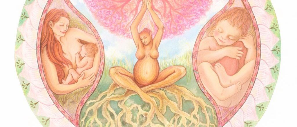 Eine Illustration zeigt einen Baum mit Wurzeln, eine schwangere Frau und zwei Babys. Die Frau hält ein Baby, während ein weiteres Baby auf ihrer Brust ruht.