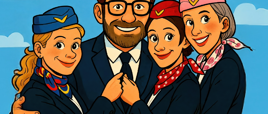 Eine Illustration mit dem Boeing-Logo, bei der ein Mann in Anzug und Krawatte von drei lächelnden Flugbegleiterinnen flankiert wird. Der Mann hat einen freundlichen Ausdruck, und die Frauen tragen Mützen und Uniformen.
