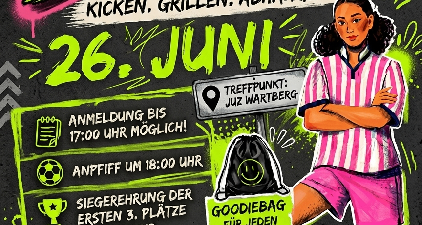 Ein Fußballevent am 26. Juni in Juz Wartberg. Anmeldung bis 17:00 Uhr. Start um 18:00 Uhr. Siegerehrung der ersten 3 Plätze um 19:00 Uhr. Grillen in der Halbzeitpause. Goodiebag für jeden Teilnehmer!