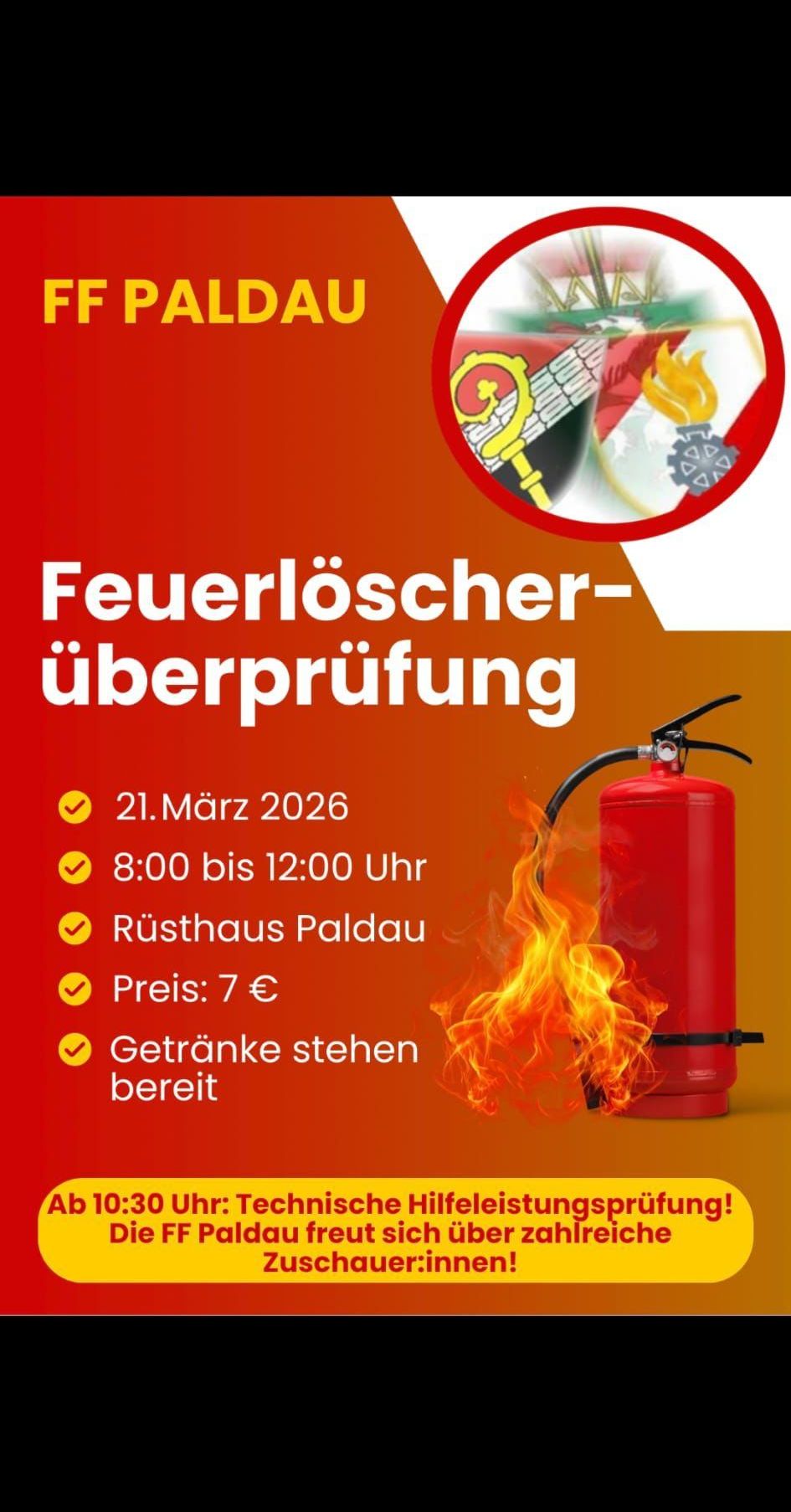 Ein orangefarbenes Plakat kündigt eine Feuerlöscher-Überprüfung am 21. März 2026 von 8:00 bis 12:00 im Rusthaus Paldau an. Der Eintrittspreis beträgt 7 Euro, und Getränke werden bereitstehen.