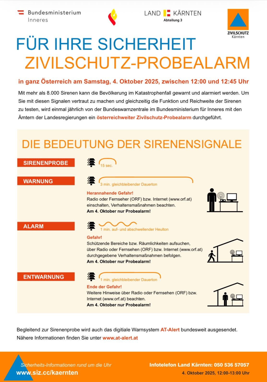 Zivilschutz-Probealarm in ganz Österreich am Samstag, 4. Oktober 2025, zwischen 12:00 und 12:45 Uhr. Mit mehr als 8.000 Sirenen kann die Bevölkerung im Katastrophenfall gewarnt und alarmiert werden.