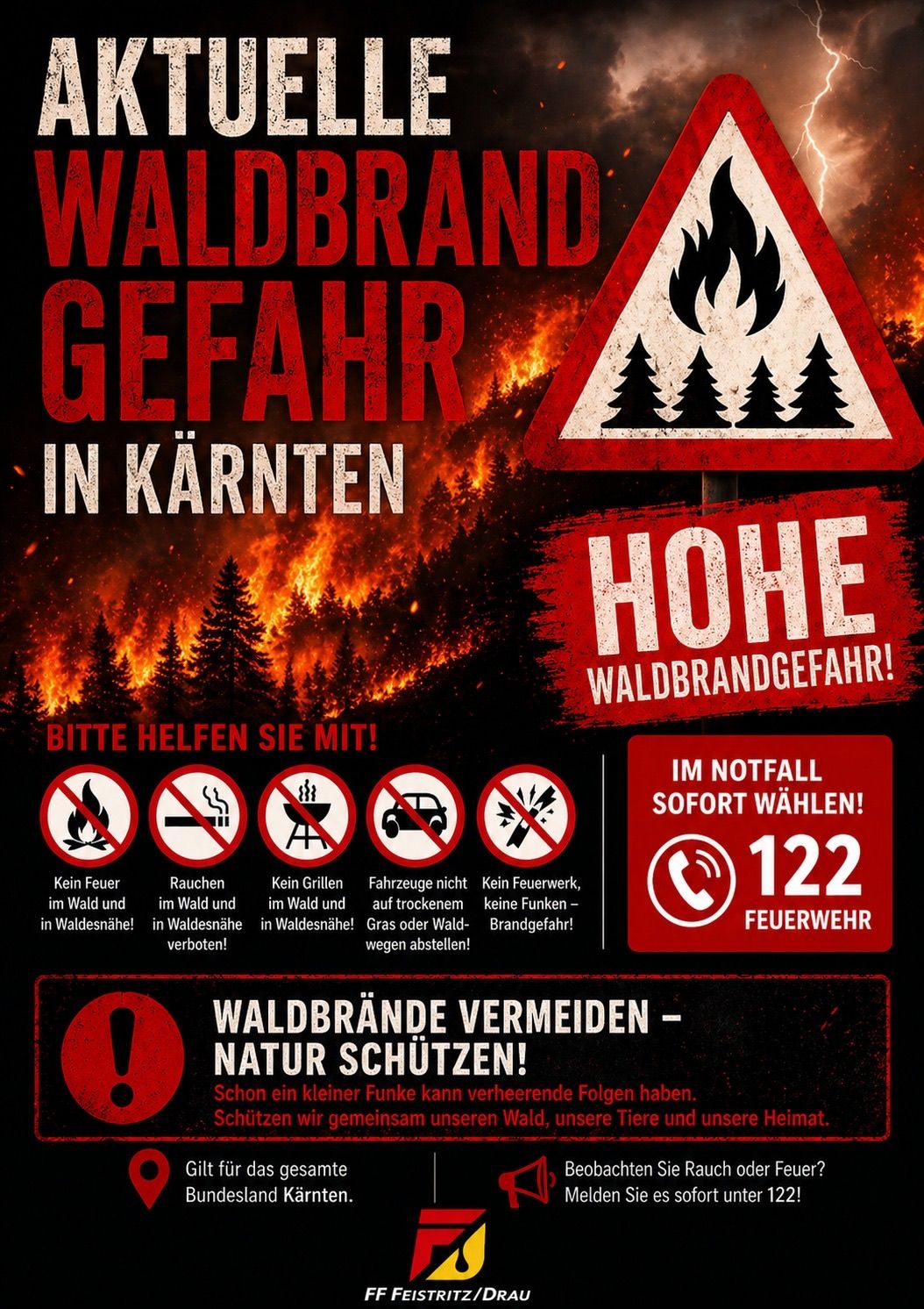 A poster about wildfire danger in Carinthia, Austria. It shows a burning forest, warning signs, and emergency contact number. The poster urges the public to prevent fires, avoid smoking, and not to drive or park on dry grass.