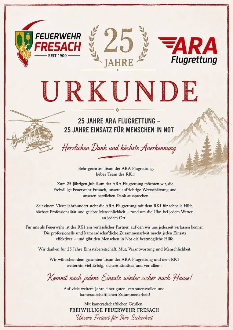 Ein Plakat zur Feier des 25-jährigen Jubiläums der ARA Flugrettung mit einem Hubschrauber, Bergen und einem Lorbeerkranz. Der Text hebt die Hingabe und Anerkennung des Teams hervor.