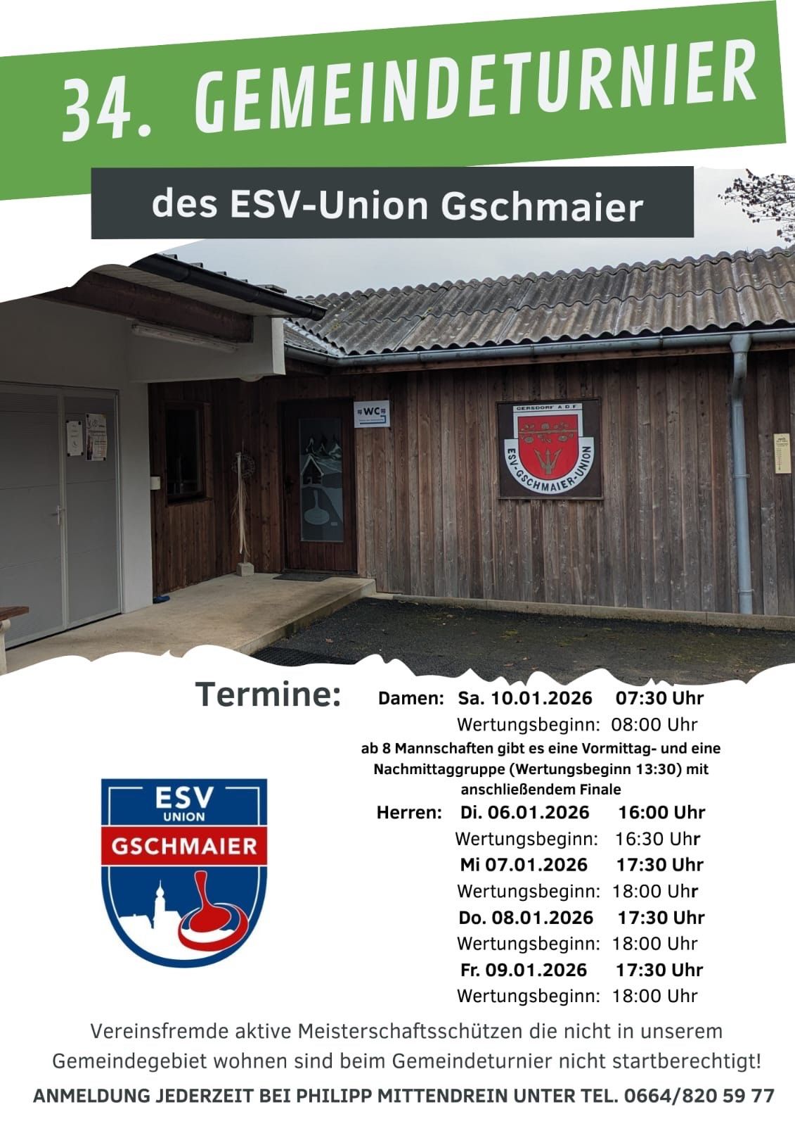 Plakat für ESV-Union Gschmaier mit einem Holzgebäude, Terminen für Damen- und Herrenspiele und dem Gschmaier-Logo.