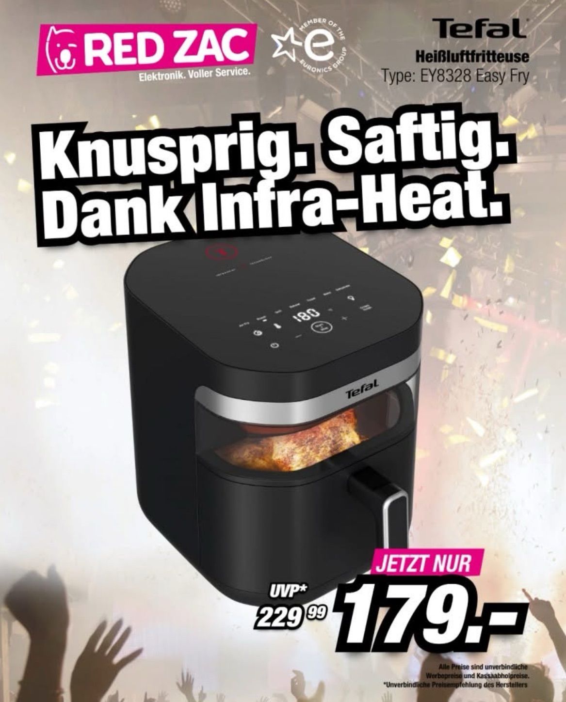Black Tefal air fryer in the advertisement, highlighting crispy, juicy, and infra-heat features. Priced at 179 euros.