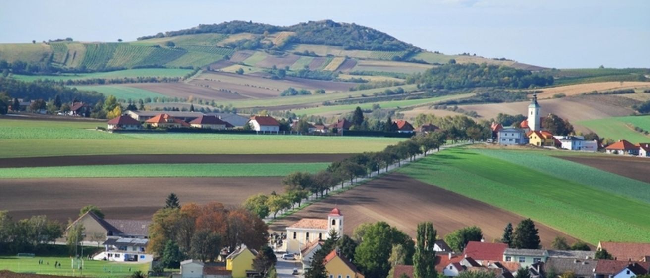 Luftaufnahme eines ländlichen Gebiets mit Häusern, einer Kirche und Feldern. Im Hintergrund befinden sich sanfte Hügel, am Himmel ein blauer Himmel.