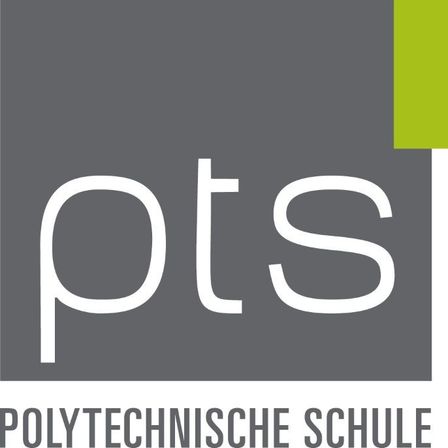 Das Logo der Polytechnischen Schule mit den Initialen PTS in Weiß auf grauem Hintergrund.