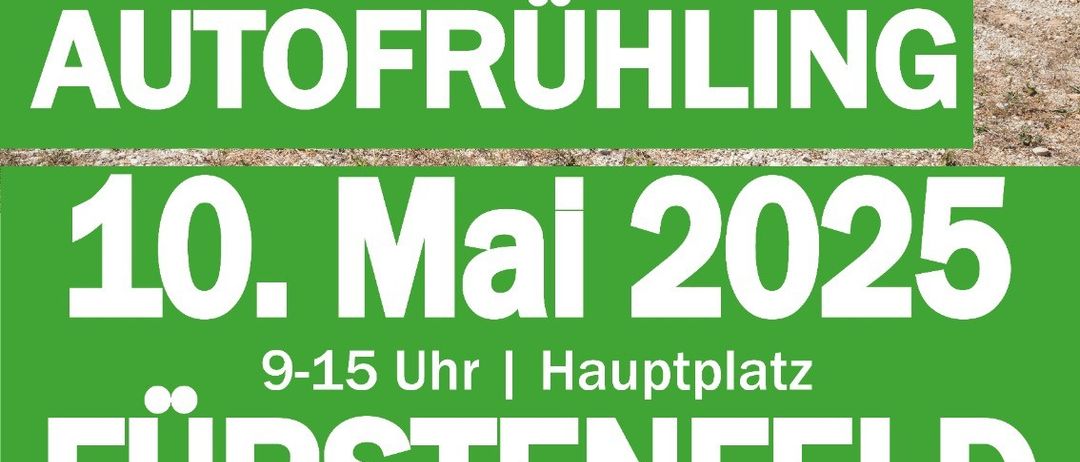 Plakat für einen Autoflohmarkt in Furstenfeld, Österreich am 10. Mai 2025 mit einem rostigen Auto und Logos der teilnehmenden Marken.
