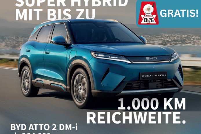 Blue BYD ATT0 2 DM-i SUV driving on the road. The ad features a mileage of up to 1,000 km and a combined consumption of 1.8-2.0 l/100 km. The ad includes a lease offer starting at 24,990 euros.