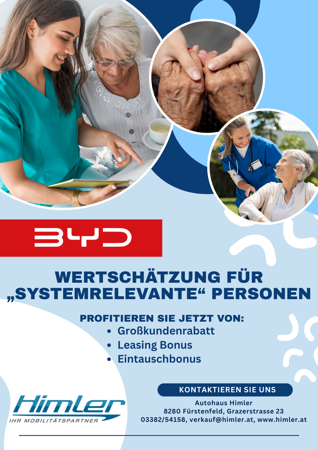 An advertisement for a health service shows elderly care, a nurse and a doctor, promoting a discount for system-relevant individuals with benefits like large family discount, leasing bonus, and exchange bonus.