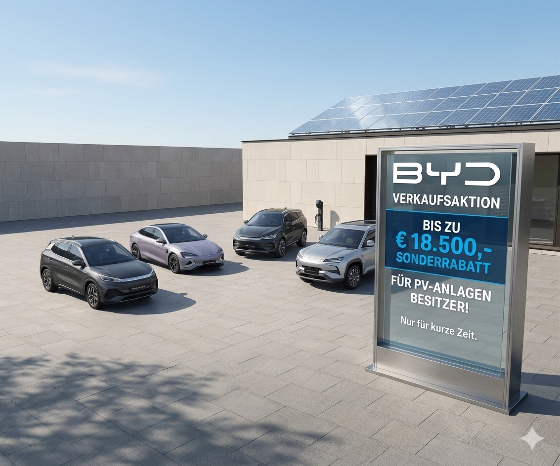 A sales promotion by BYD. Five cars are parked outside a building with solar panels. The sign says up to €18,500 discount for PV system owners.