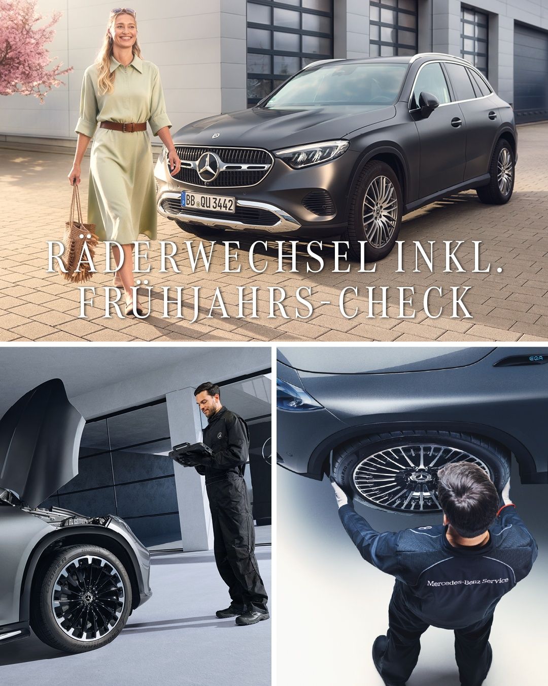 Drei Bilder eines Mercedes-Fahrzeugs. Eine Frau hält eine Handtasche und ein Mann prüft einen Reifen. Ein anderer Mann inspiziert das Fahrzeug mit einem Tablet.