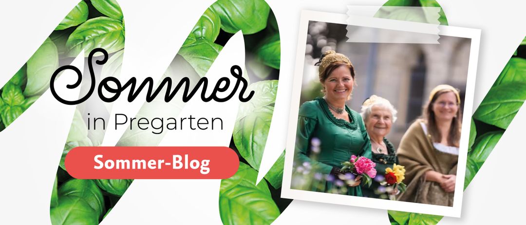 Das Bild zeigt eine Frau in einem grünen Kleid, die Blumen in einem Garten hält. Der Text 'sommer, garden' ist prominent angezeigt. Eine andere Frau steht hinter ihr.