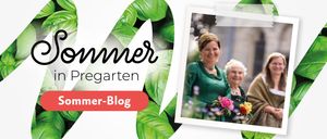 Das Bild zeigt eine Frau in einem grünen Kleid, die Blumen in einem Garten hält. Der Text 'sommer, garden' ist prominent angezeigt. Eine andere Frau steht hinter ihr.