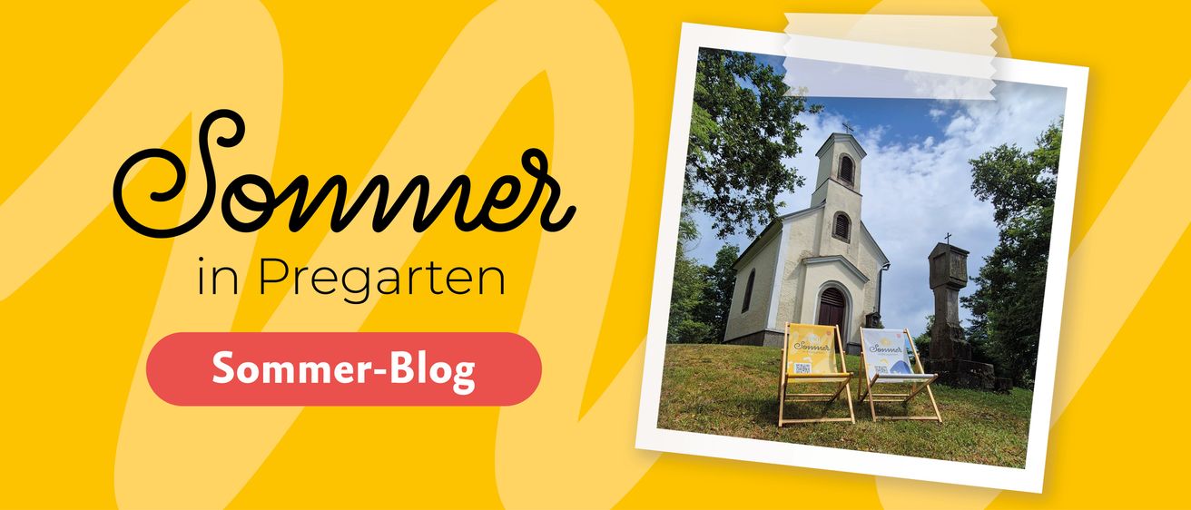 Ein Poster mit einem Foto einer Kirche mit einem gelben Stuhl davor. Der Text 'Sommergarten' und 'er-Blog' ist auf der linken Seite angezeigt.