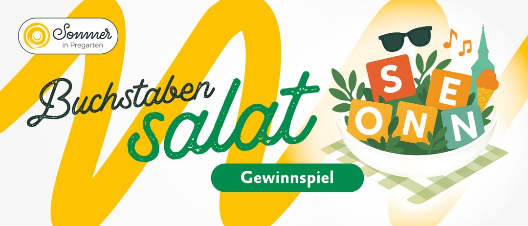Eine Werbung für ein Salat-Wettbewerb mit dem Wort 'Salat' in großen grünen Buchstaben und einem Salat-Schüssel in der Ecke.