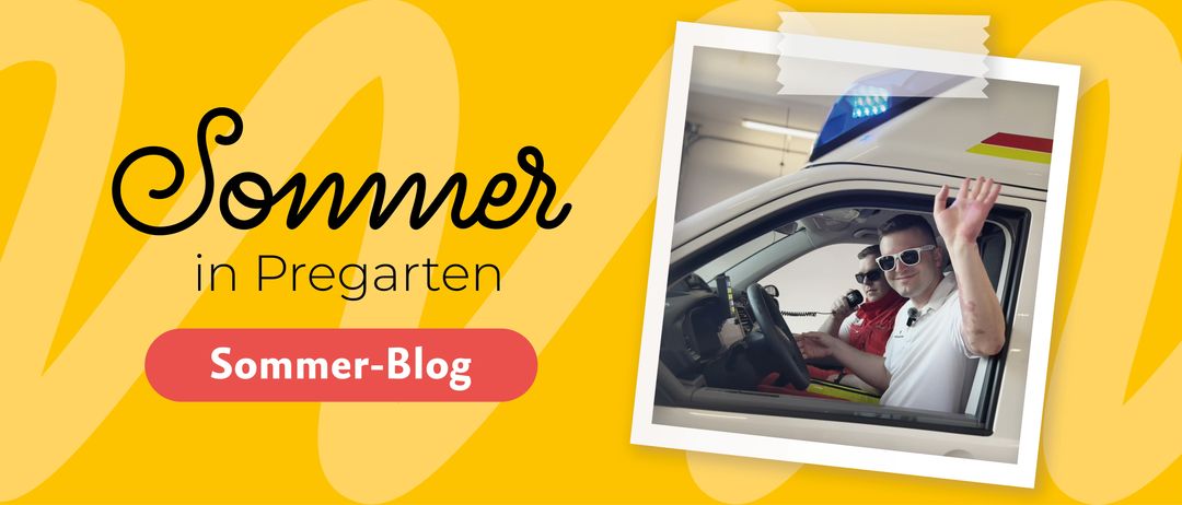 Das Bild zeigt einen gelben Hintergrund mit einem Foto einer Person, die in einem Auto sitzt. Der Text lautet 'Garten' und 'der-Blog'. Das Autoinnere ist sichtbar mit einem Lenkrad und Armaturenbrett.